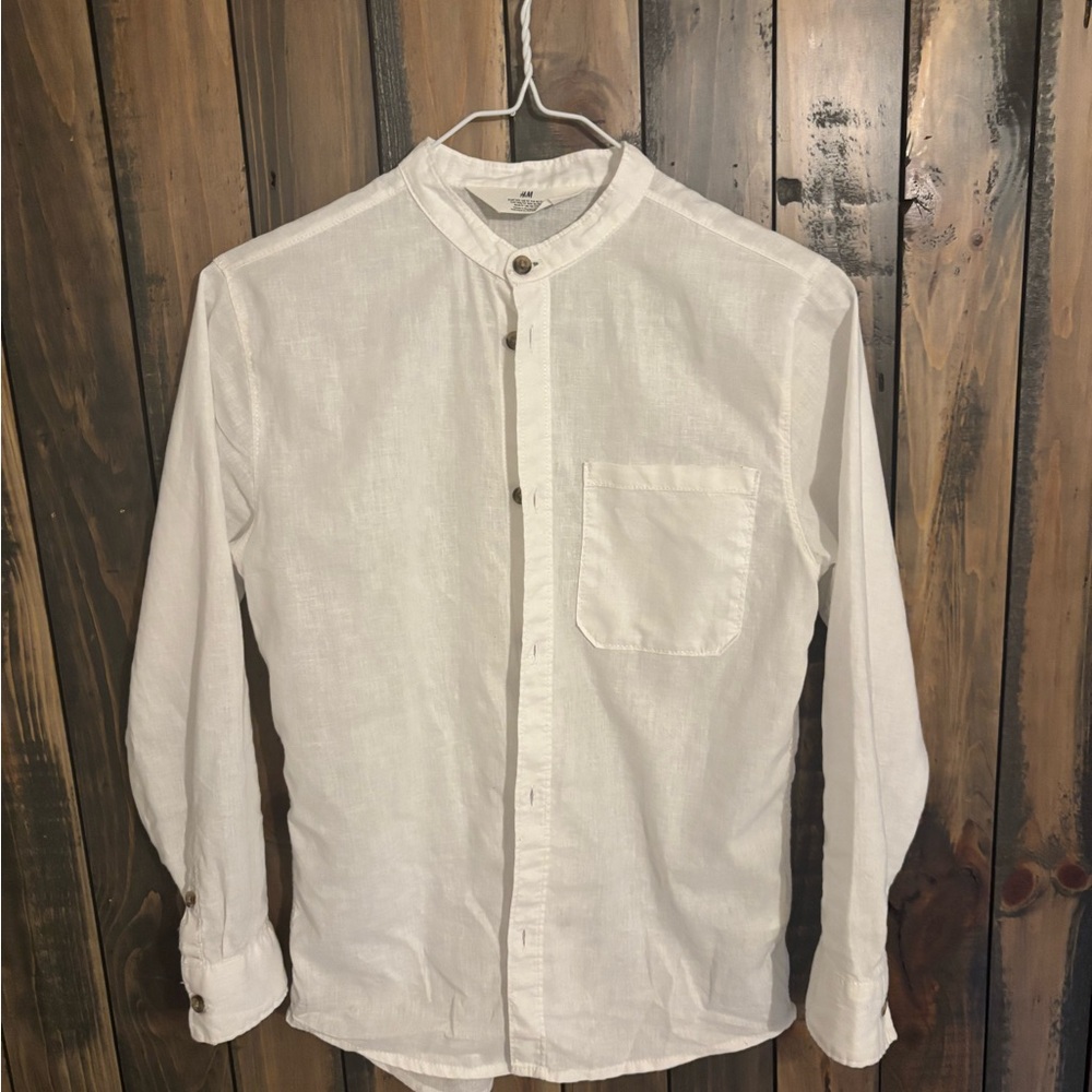 Boys H&M White Linen-Cotton Button Down Shirt With Band Collar